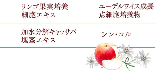 1.リンゴ果実培養細胞エキス　2.エーデルワイス成長点細胞培養物　3.加水分解キャッサバ塊茎エキス　4.シン・コル