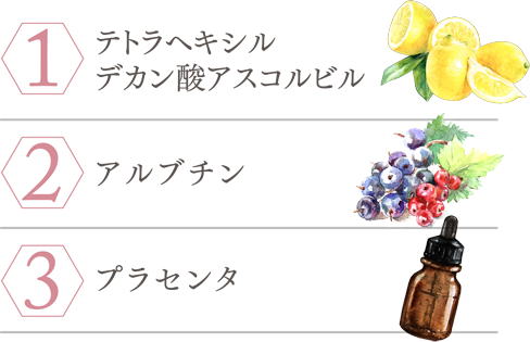 1.テトラヘキシル デカン酸アスコルビル肌本来の明るさを取り戻すこだわりの美容成分　2.アルブチン　3.プラセンタ