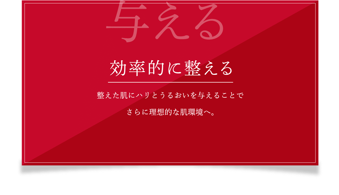 与える 効率的に整える 整えた肌にハリとうるおいを与えることでさらに理想的な肌環境へ。