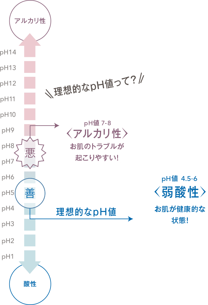 理想的なpH値って？　悪　pH値 7-8　アルカリ性　お肌の悪玉菌※が繁殖しやすい！　※アクネ菌・黄色ブドウ球菌 / 善　理想的なpH値　pH値 4.5-6 弱酸性 お肌の善玉菌が活躍しやすい！